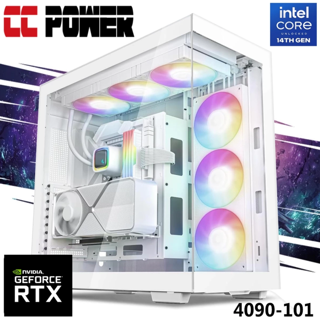 كمبيوتر ألعاب CC Power 4090-101، معالج Intel Core i9 من الجيل الرابع، سلسلة K، 24 نواة، مع بطاقة رسومات Nvidia RTX 4090 سعة 24 جيجابايت ومبرد سائل