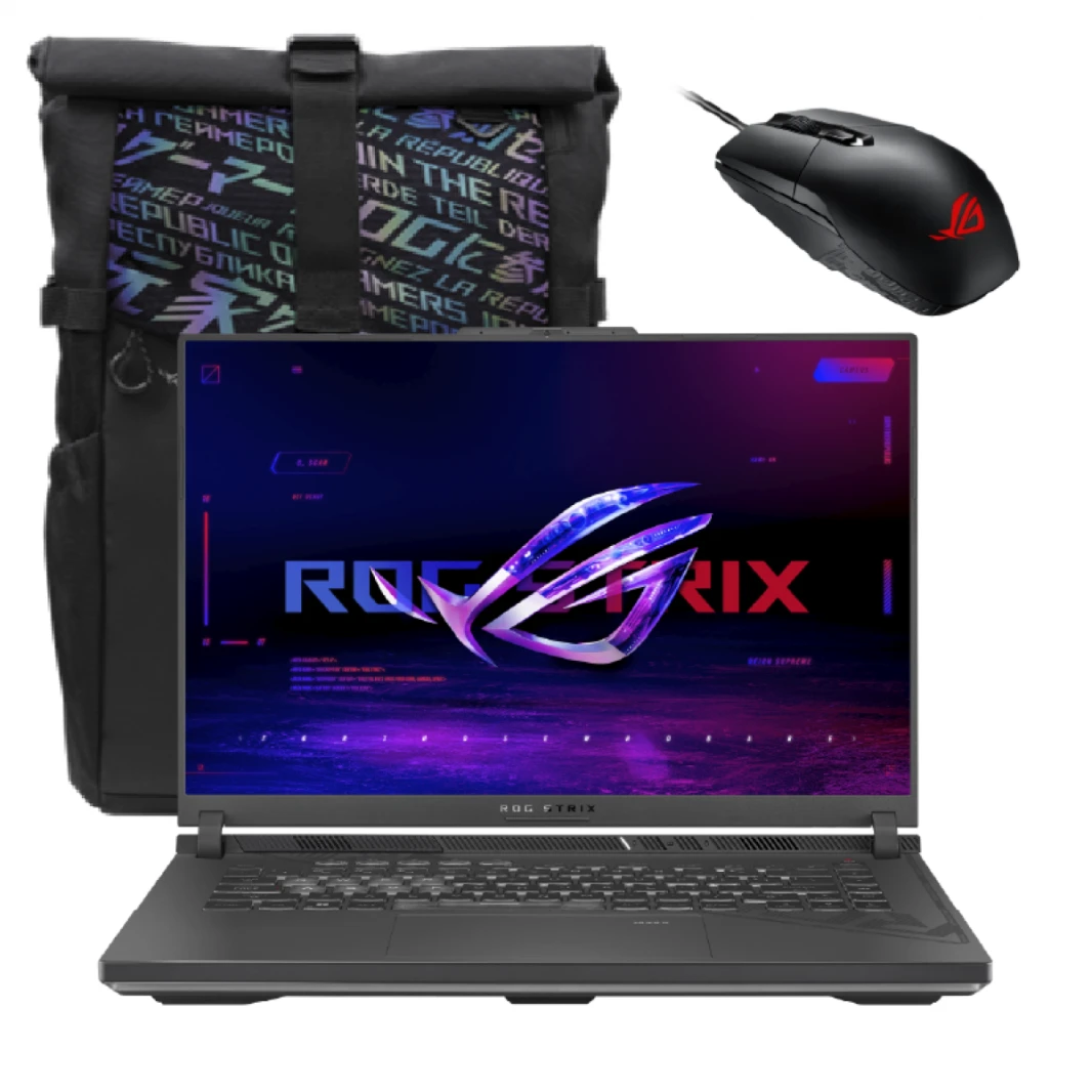 كمبيوتر محمول ROG Strix G16 بمعالج Intel Core™ i9-14900HX 24-Cores وبطاقة NVIDIA RTX 4070 سعة 8 جيجابايت GDDR6 وشاشة 16 بوصة FHD+ بمعدل تحديث 165 هرتز وماوس ROG وحقيبة ظهر - Eclipse Grey