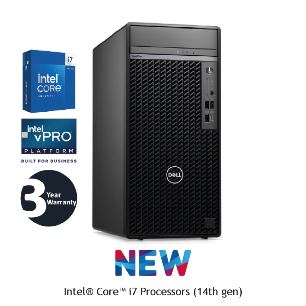 كمبيوتر سطح مكتب ذكي جديد من Dell OPTIPLEX 7020 PLUS بمعالجات Intel® Core™ i7-14700 vPro بسرعة 5.4 جيجاهرتز وCore 20 Threads: 28 و16 جيجابايت DDR5 (مخصصة) و512 SSD - الجيل الرابع عشر