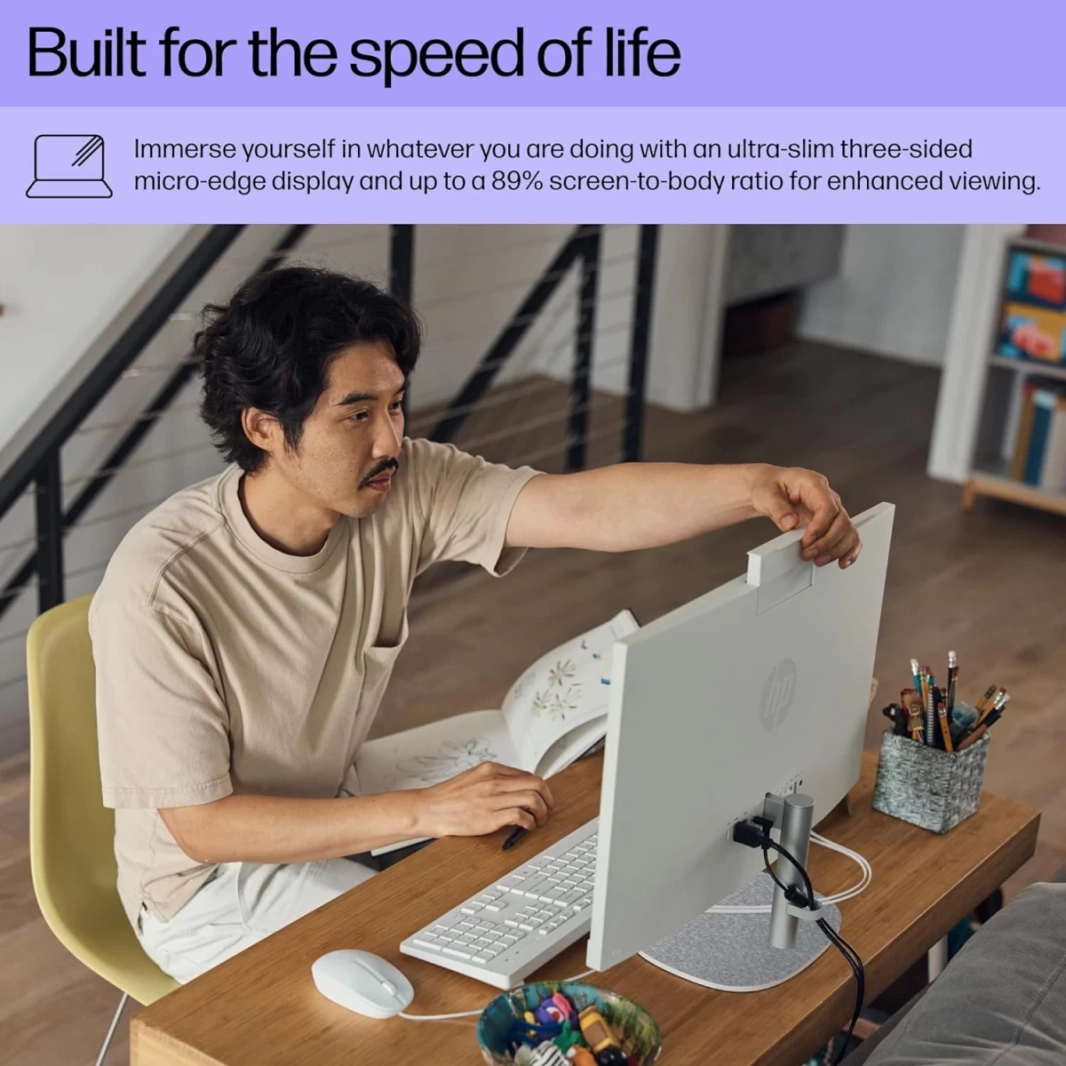 كمبيوتر HP All-in-One 24-cr0024ne (2023) جديد بمعالج Intel Core i7 من الجيل الثالث عشر و10 أنوية وشاشة لمس IPS Full HD 99% sRGB مقاس 24 بوصة - أبيض