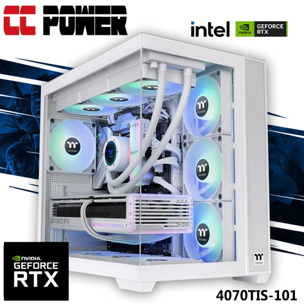 كمبيوتر ألعاب CC Power 4070TIS-101، معالج Intel Core i7 من الجيل الرابع، سلسلة K، 20 نواة، مع بطاقة رسومات Nvidia RTX 4070TI SUPER سعة 16 جيجابايت ومبرد سائل (( Zero Connect ))