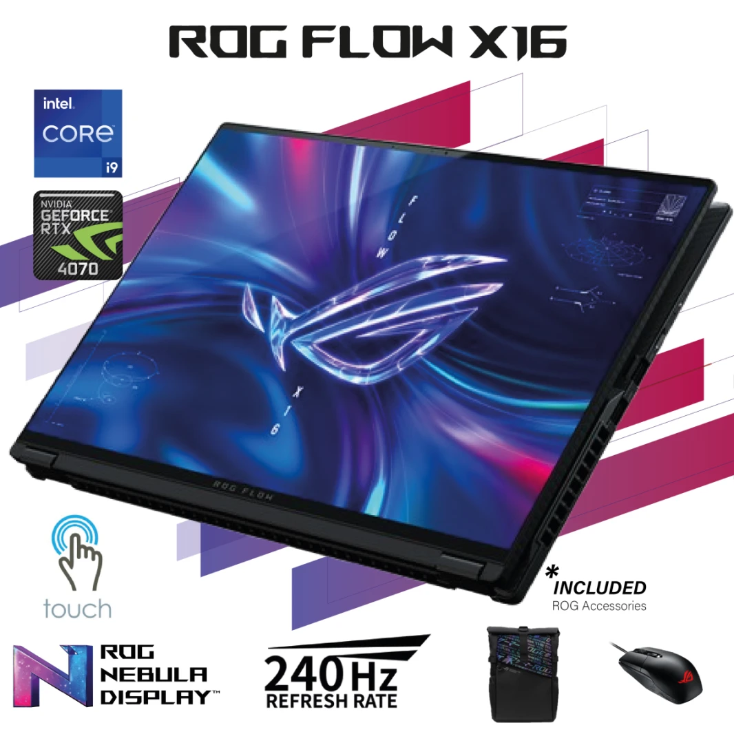 كمبيوتر محمول ASUS ROG Flow X16 معالج Intel® Core™ i9-13900H من الجيل الثالث عشر، 14 نواة، وحدة معالجة الرسوميات NVIDIA® GeForce RTX™ 4070، 321 AI TOPs، شاشة ROG Nebula تعمل باللمس 360° QHD+ بمعدل تحد