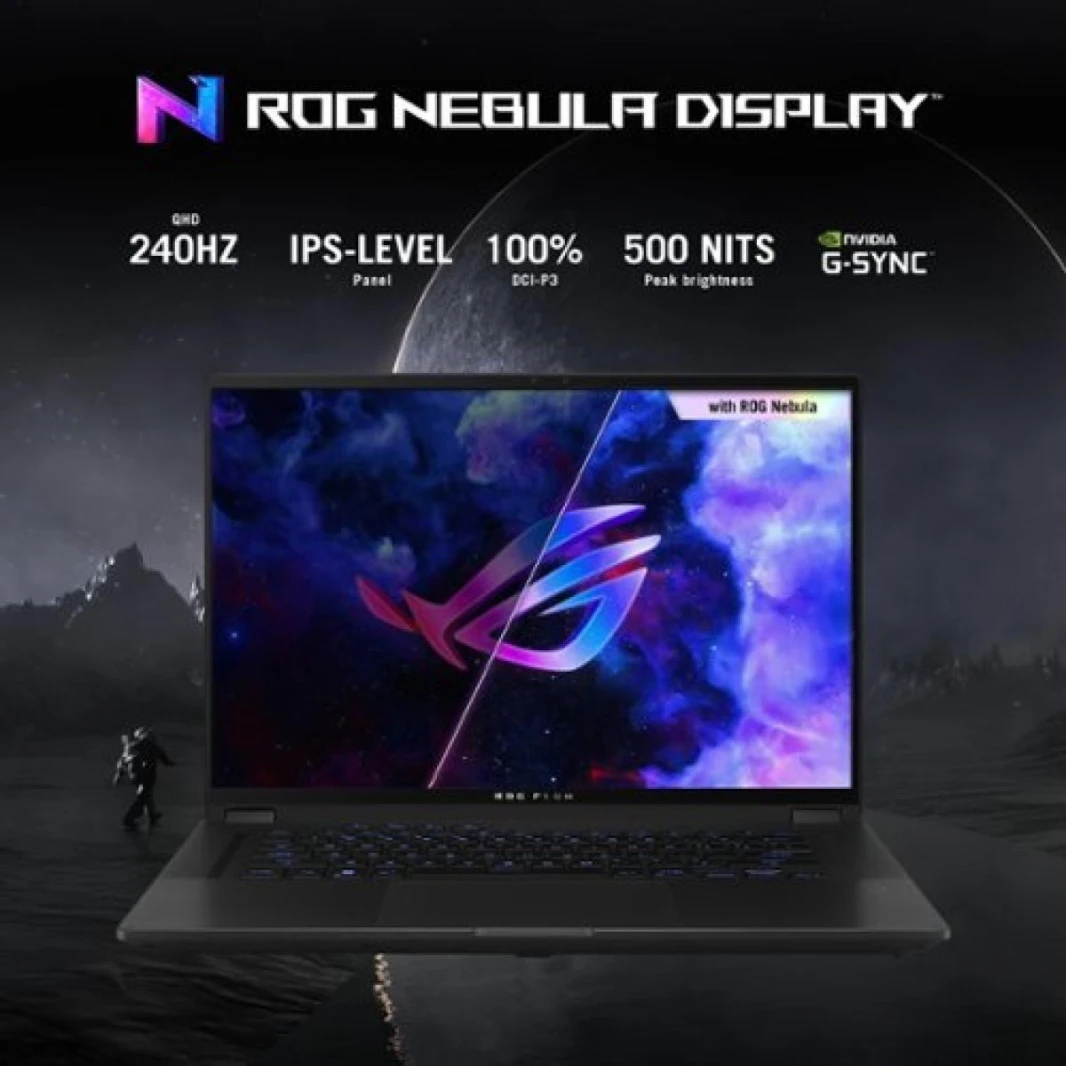 كمبيوتر محمول ASUS ROG Flow X16 معالج Intel® Core™ i9-13900H من الجيل الثالث عشر، 14 نواة، وحدة معالجة الرسوميات NVIDIA® GeForce RTX™ 4070، 321 AI TOPs، شاشة ROG Nebula تعمل باللمس 360° QHD+ بمعدل تحد