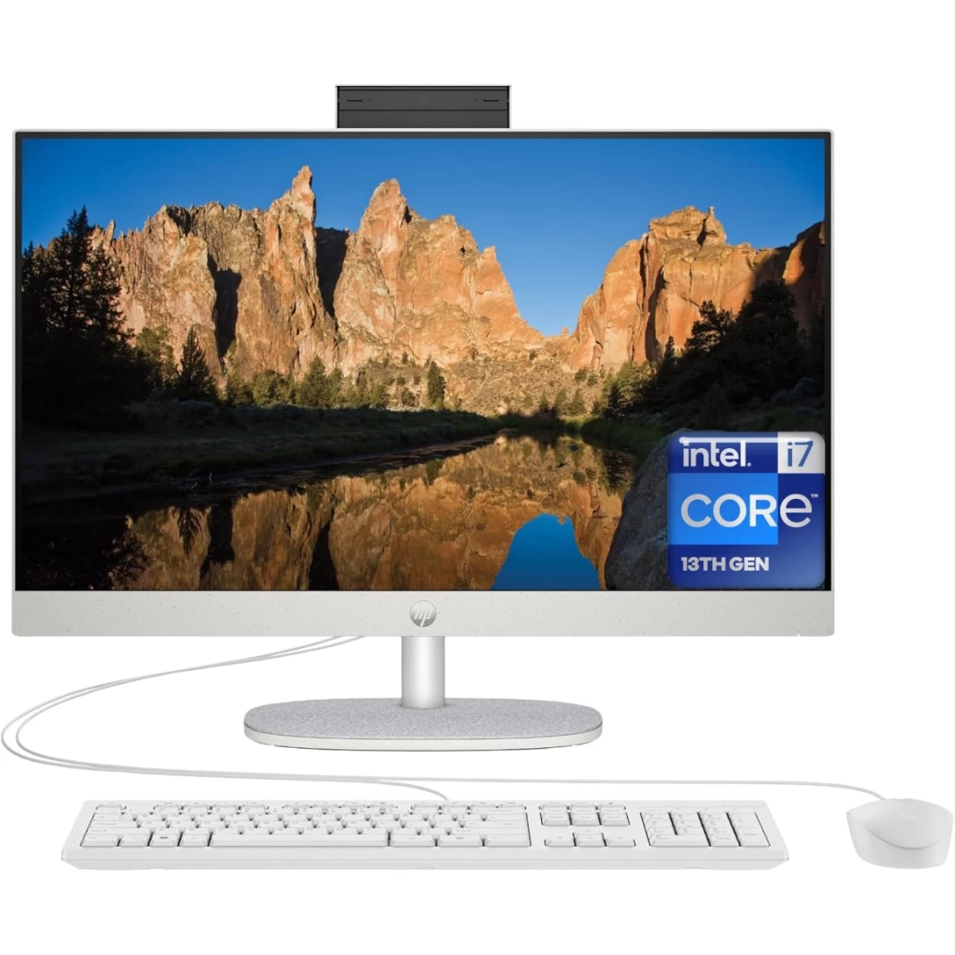كمبيوتر HP All-in-One 24-cr0031ne (2023) جديد بمعالج Intel Core i7 من الجيل الثالث عشر و10 أنوية وشاشة IPS Full HD 99% sRGB مقاس 24 بوصة - أبيض