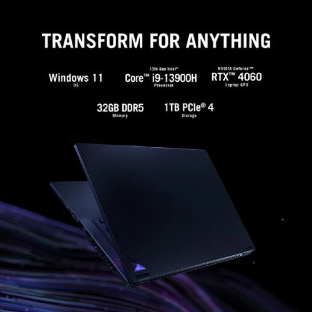 كمبيوتر محمول ASUS ROG Flow X16 معالج Intel® Core™ i9-13900H من الجيل الثالث عشر، 14 نواة، وحدة معالجة الرسوميات NVIDIA® GeForce RTX™ 4070، 321 AI TOPs، شاشة ROG Nebula تعمل باللمس 360° QHD+ بمعدل تحد