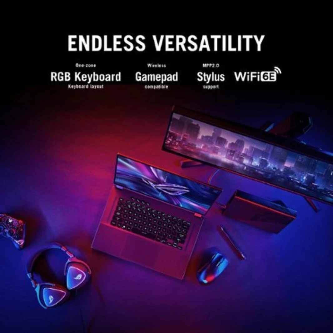 كمبيوتر محمول ASUS ROG Flow X16 معالج Intel® Core™ i9-13900H من الجيل الثالث عشر، 14 نواة، وحدة معالجة الرسوميات NVIDIA® GeForce RTX™ 4070، 321 AI TOPs، شاشة ROG Nebula تعمل باللمس 360° QHD+ بمعدل تحد