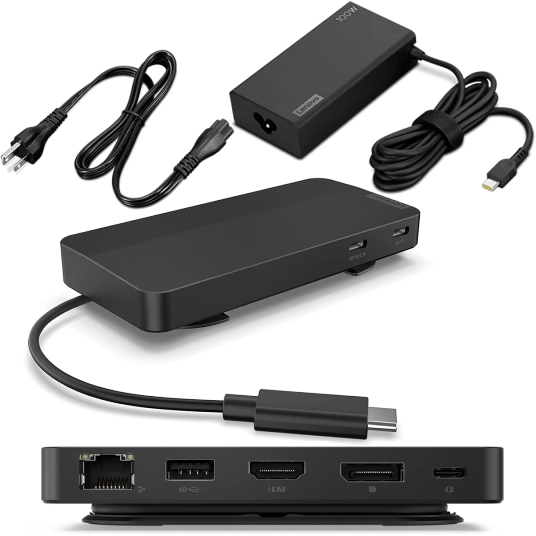 Lenovo USB-C Dual Display Travel Dock (1 DP 1.4 & 1 HDMI 2.0) up to 65W Charging for Laptop (100W Power Adapter Included) Support Dual 4K Display
