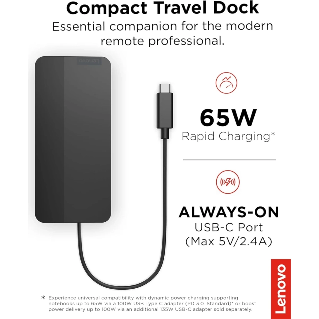 Lenovo USB-C Dual Display Travel Dock (1 DP 1.4 & 1 HDMI 2.0) up to 65W Charging for Laptop (100W Power Adapter Included) Support Dual 4K Display