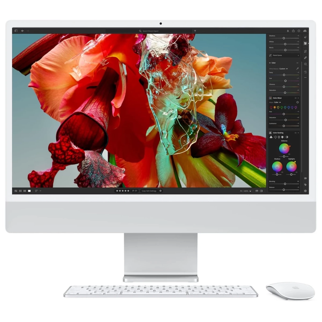 كمبيوتر سطح المكتب Apple iMac All-In-One (2023) وحدة معالجة مركزية Apple M3 ثماني النواة ووحدة معالجة رسومية ثماني النواة (512 جيجابايت/16 جيجابايت) مع شاشة Retina مقاس 24 بوصة بدقة 4.5K - فضي