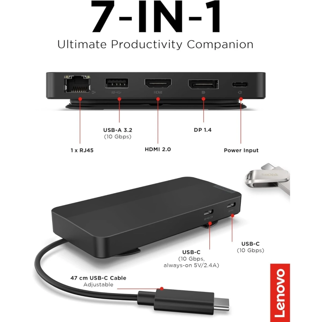 Lenovo USB-C Dual Display Travel Dock (1 DP 1.4 & 1 HDMI 2.0) up to 65W Charging for Laptop (100W Power Adapter Included) Support Dual 4K Display