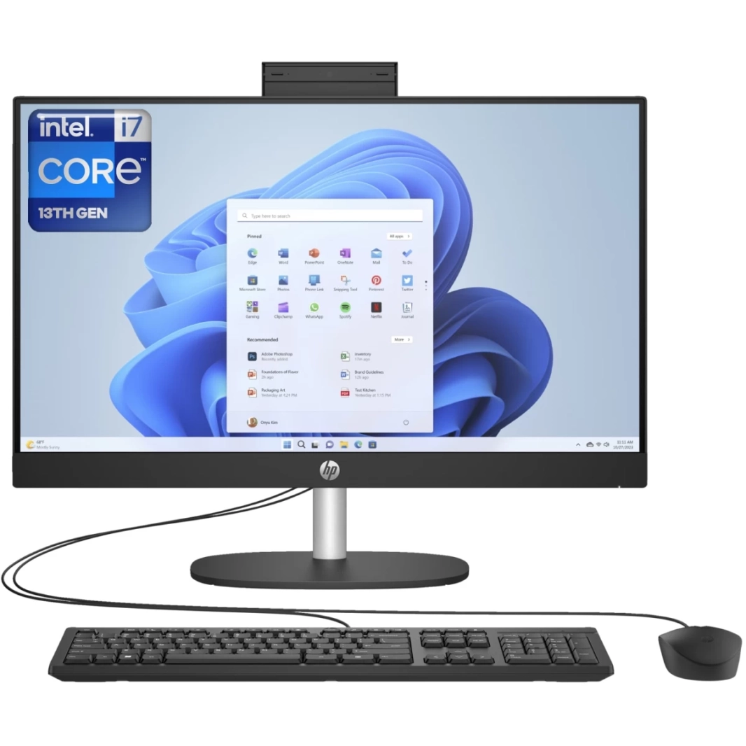 كمبيوتر HP All-in-One 24-cr0030ne (2023) جديد بمعالج Intel Core i7 من الجيل الثالث عشر و10 أنوية وشاشة IPS Full HD 99% sRGB مقاس 24 بوصة - أسود