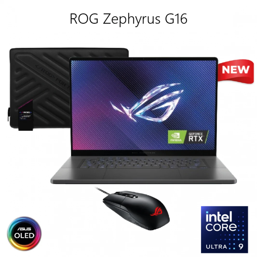 كمبيوتر محمول جديد (2024) ROG Zephyrus G16 | معالج Intel Core Ultra 9 RTX™ 4090 مقاس 16 بوصة 240 هرتز 2.5K OLED HDR 500NITS جراب ROG Zephyrus ماوس ROG Impact Gaming وWindows 11