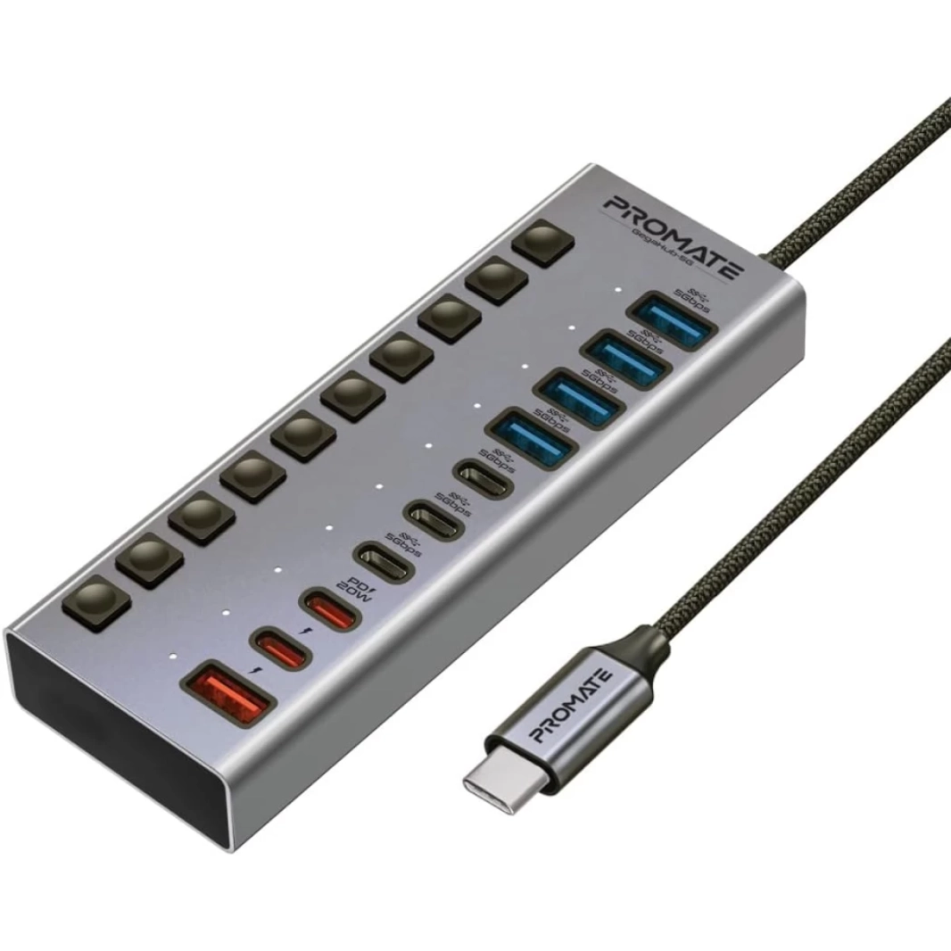 موزع متعدد المنافذ USB-C من Promate GegaHub-5G 10 في 1، 3 منافذ USB-C و4 منافذ USB-A مع نقل بيانات بسرعة 5 جيجابت في الثانية، ومنافذ USB-C وUSB-A للشحن السريع، ومنفذ USB-C PD بقوة 20 وات مع مفاتيح طاق