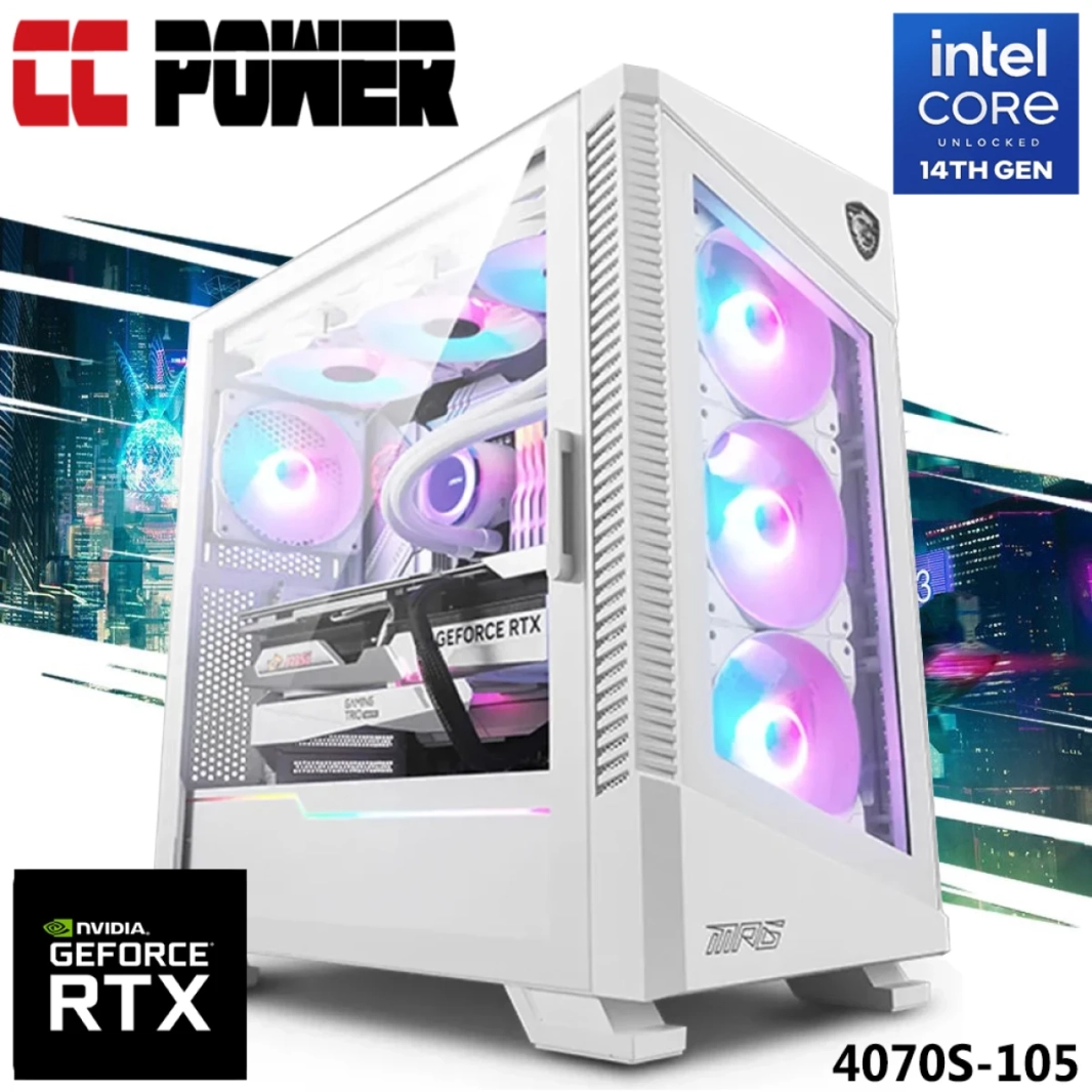 كمبيوتر ألعاب CC Power 4070S-105، معالج Intel Core i7 من الجيل الرابع، سلسلة K، 20 نواة، مع بطاقة رسومات Nvidia RTX 4070 SUPER سعة 12 جيجابايت ومبرد سائل