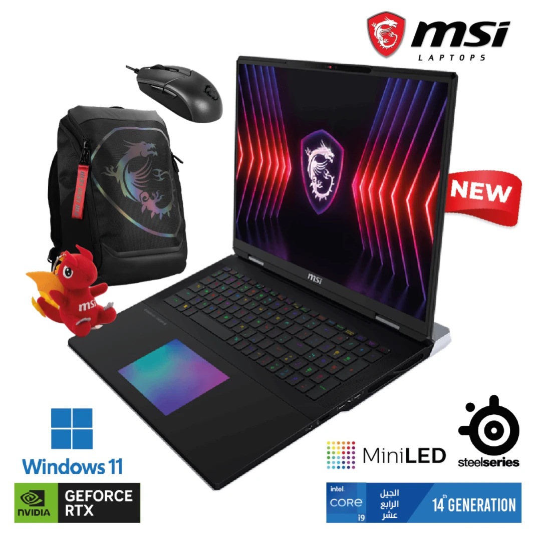 كمبيوتر محمول MSI Titan 18 HX A14VIG للألعاب | Intel Core i9-14900HX NVIDIA RTX 4090 16GB DDR6 18" UHD+ MiniLED 120Hz IPS Mechanical KB SteelSeries ضمان لمدة عامين