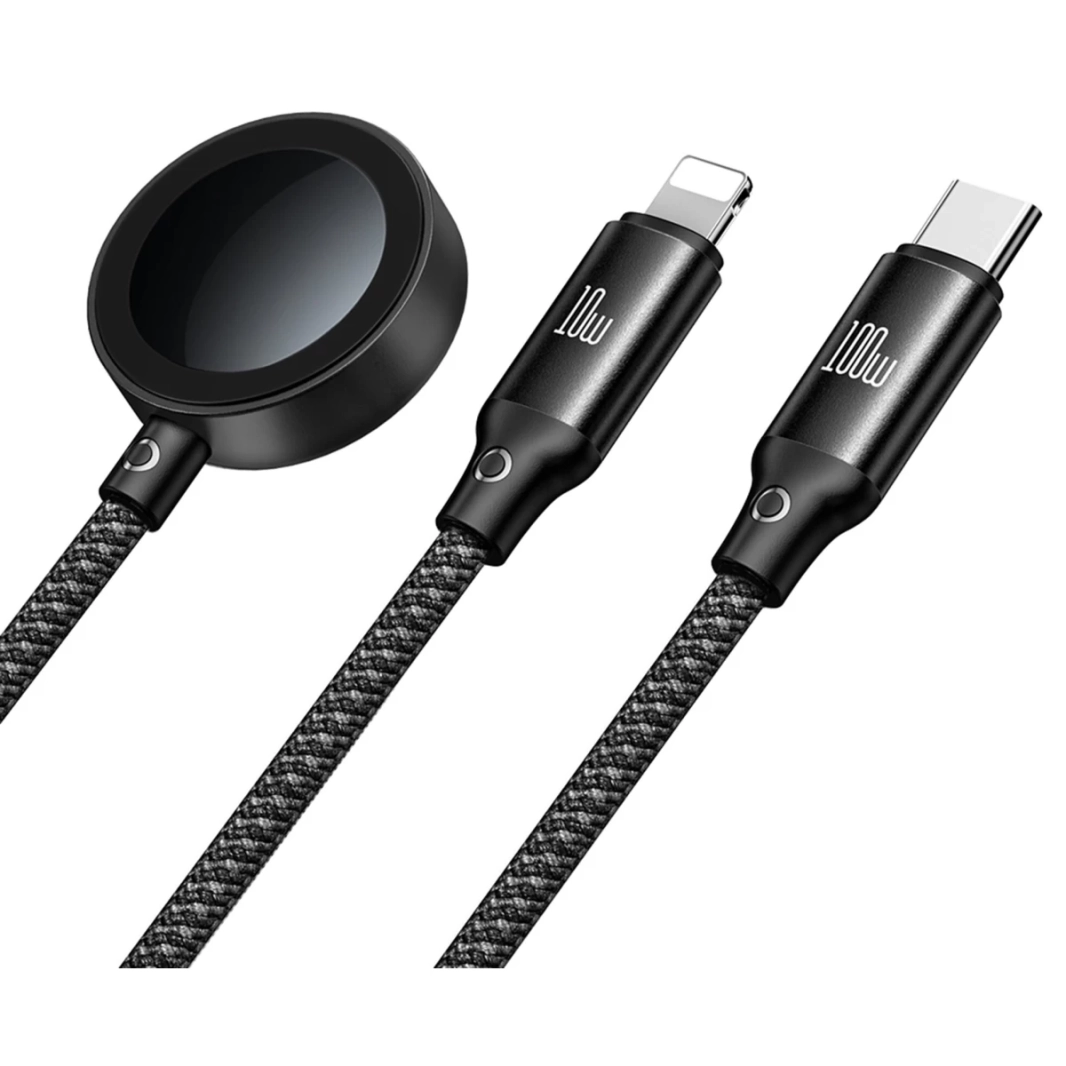 Mcdodo CA-4940 3 in 1 Charging Cable USB Type-C to Type-C + Lighting Series PD + Apple Watch Wireless Charger, 1.2m - Black