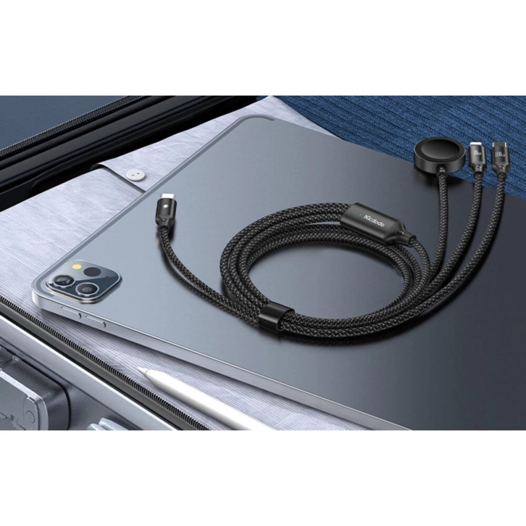 Mcdodo CA-4940 3 in 1 Charging Cable USB Type-C to Type-C + Lighting Series PD + Apple Watch Wireless Charger, 1.2m - Black