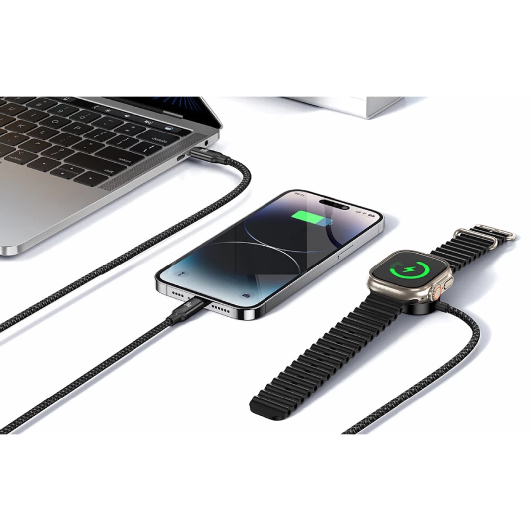 Mcdodo CA-4940 3 in 1 Charging Cable USB Type-C to Type-C + Lighting Series PD + Apple Watch Wireless Charger, 1.2m - Black