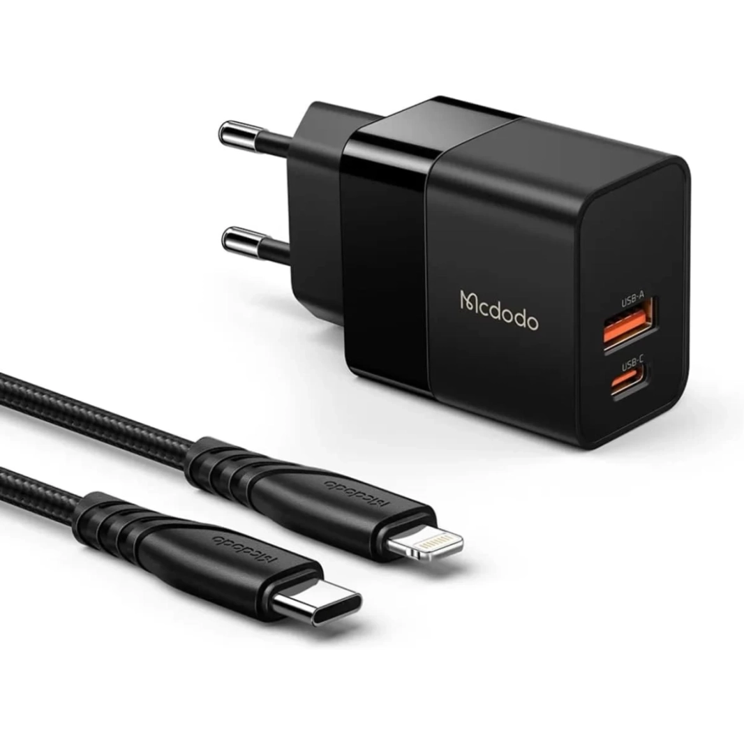 Mcdodo CH-1952 USB + USB-C wall charger, 20W + USB-C to Lightning cable (black)