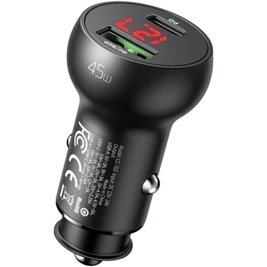 شاحن سيارة Mcdodo CC-7030، USB + USB-C، مع شاشة، 45 وات (أسود)