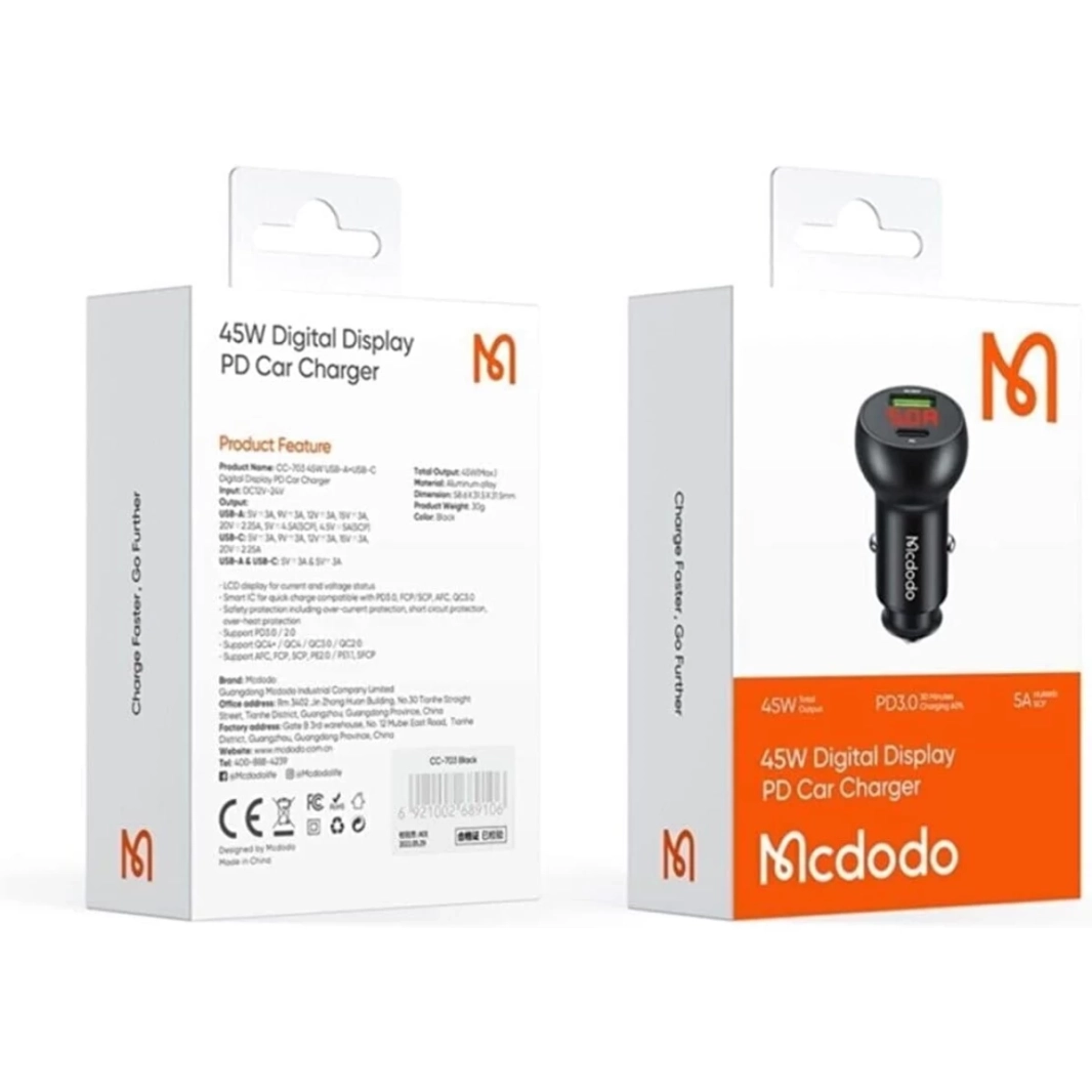 شاحن سيارة Mcdodo CC-7030، USB + USB-C، مع شاشة، 45 وات (أسود)