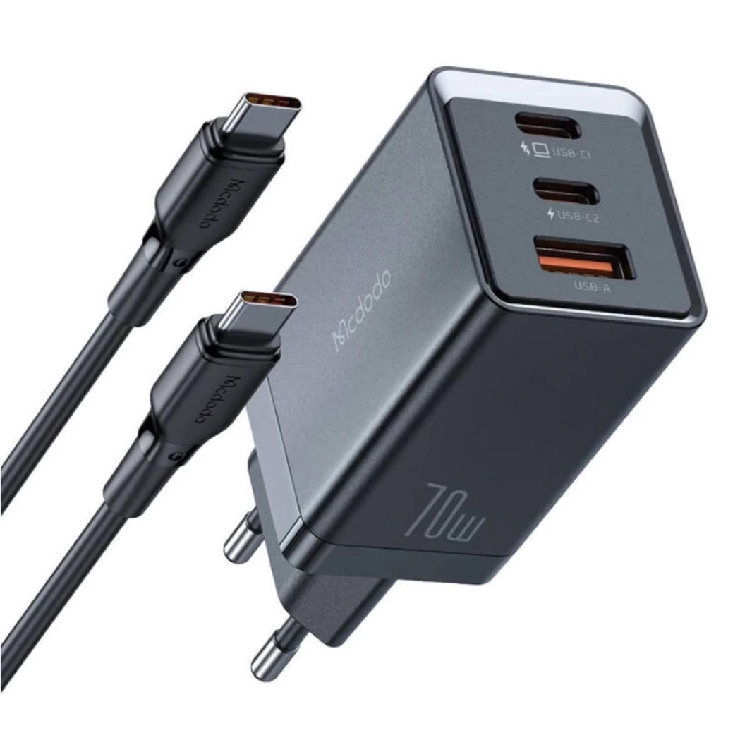 شاحن حائط Mcdodo CH-1543 GaN، 2x USB-C، 1x USB، 67 واط + كابل USB-C إلى USB-C (أسود)