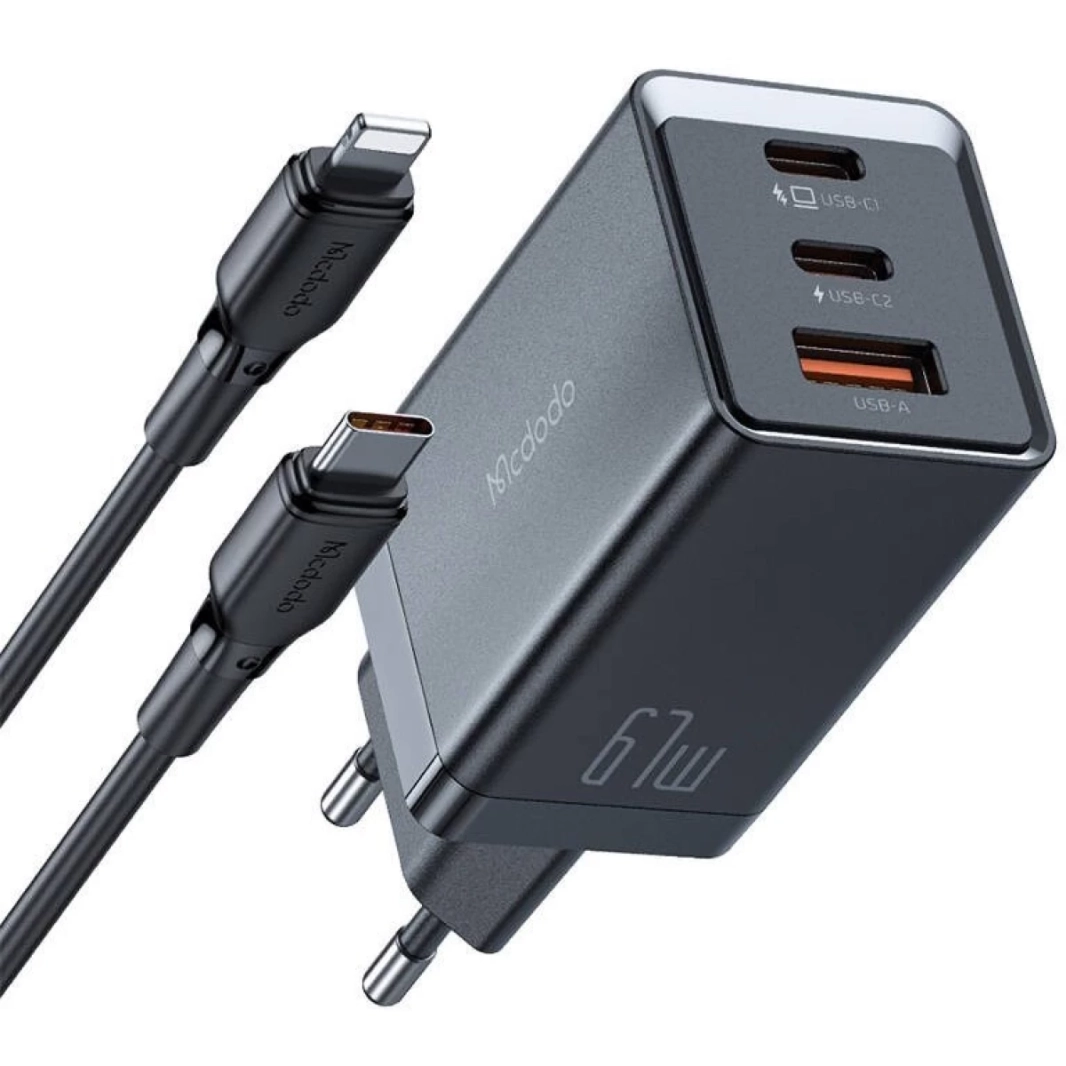 Mcdodo CH-1544 GaN wall charger, 2x USB-C, 1x USB, 67W + USB-C to Lightning cable (black)