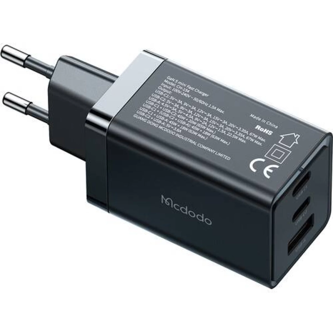 شاحن Mcdodo CH-1540 GaN5 PRO صغير 65 وات بمخرجين USB-C PD USB-A سريع