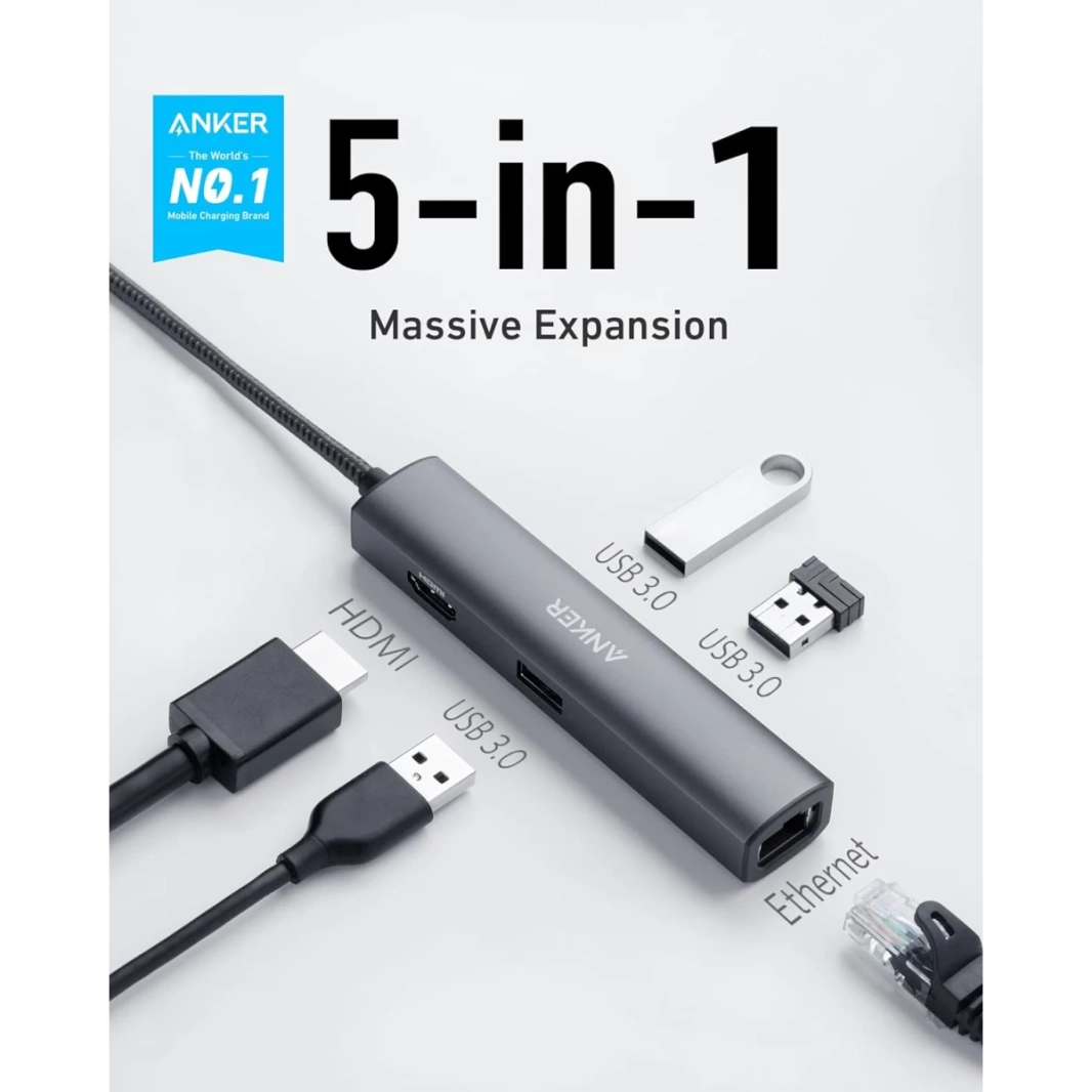 Anker A8338 USB C Hub Adapter, 5-in-1 USB C Adapter with 4K USB C to HDMI, Ethernet Port, 3 USB 3.0 Ports, for MacBook Pro, iPad Pro, XPS, Pixelbook, and More