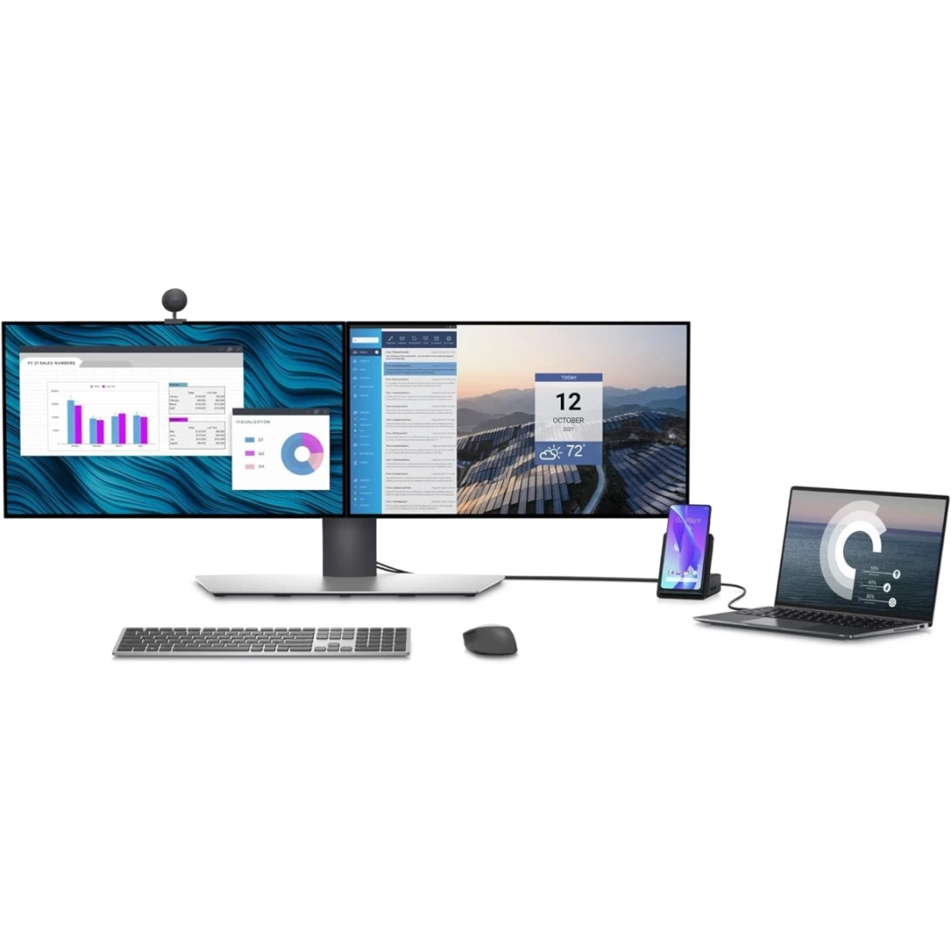 قاعدة شحن مزدوجة من Dell HD22Q مغلفة بالقماش مع موصل من النوع C وشحن Qi لشاشتين مع دعم HDMI 2.1 بمعدل تحديث 120 هرتز