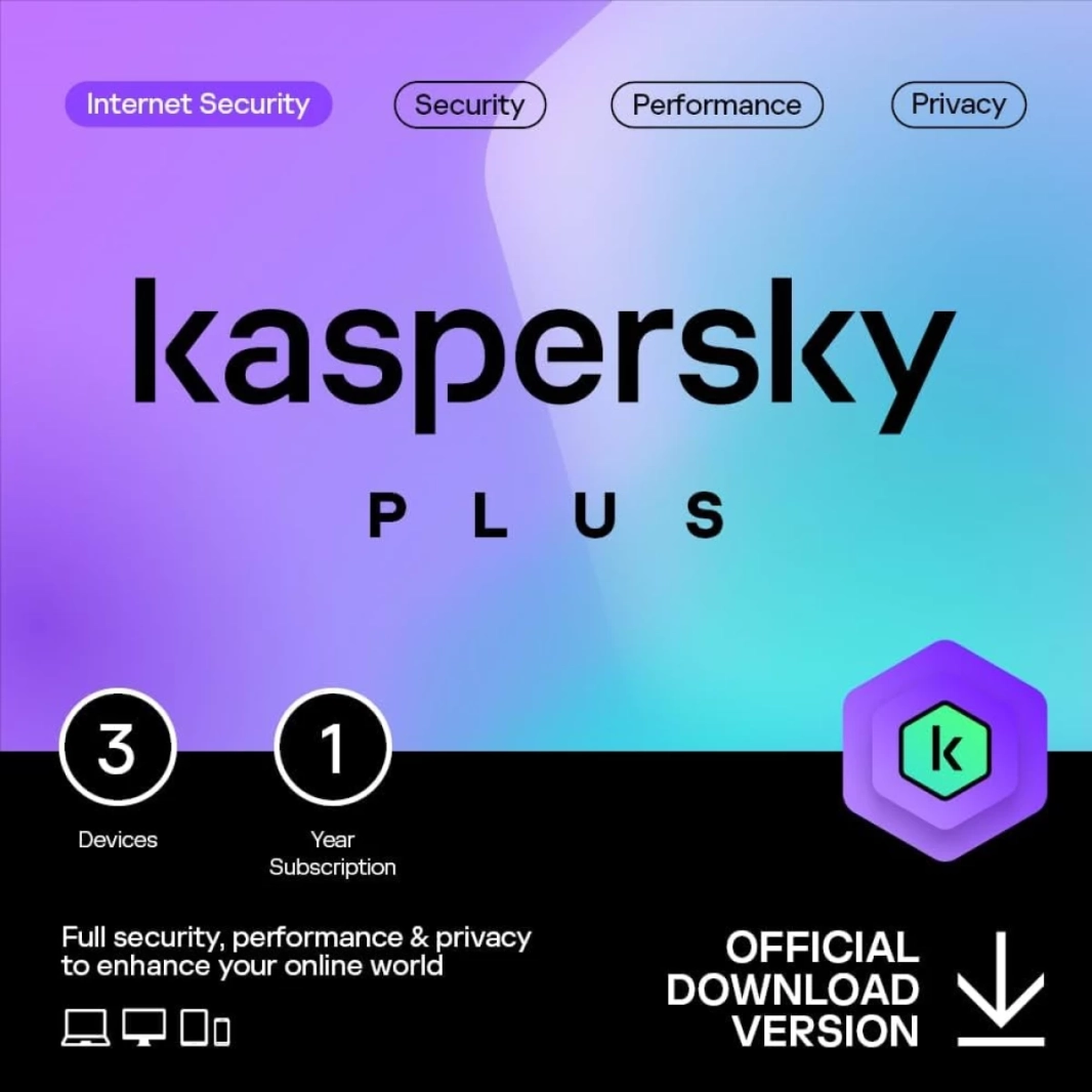 برنامج KASPERSKY Plus Internet Security لمكافحة التصيد الاحتيالي وجدار الحماية وإدارة كلمات المرور وشبكة VPN غير محدودة وحماية الخدمات المصرفية عبر الإنترنت لأجهزة الكمبيوتر/Mac/الأجهزة المحمولة لـ 3 