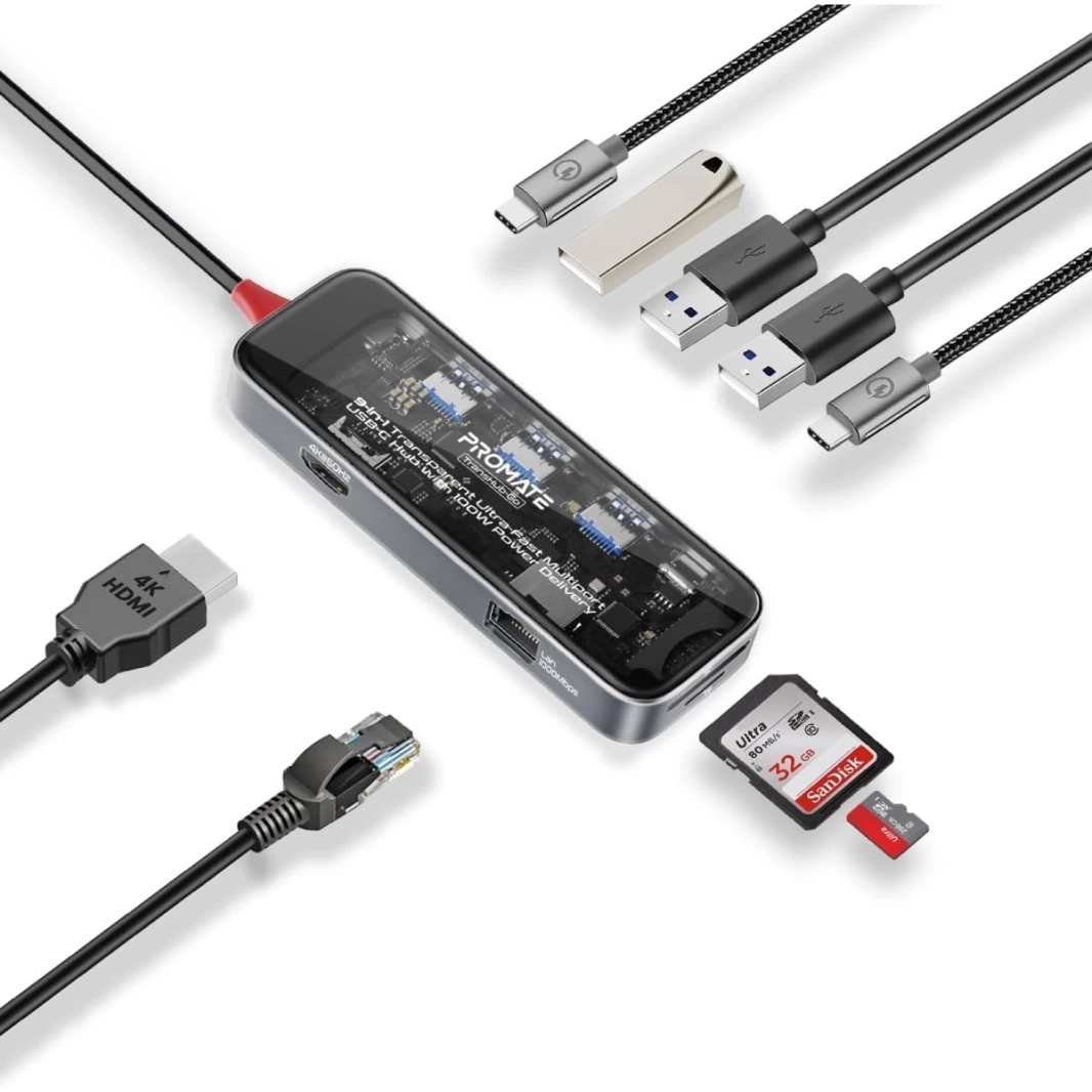 موزع Promate TransHub-Go USB-C™ 9 في 1 متعدد الشاشات، 4K@60Hz، HDMI 1000Mbps LAN، منفذان USB-A 5Gbps، توصيل طاقة USB-C™ بقوة 100 وات
