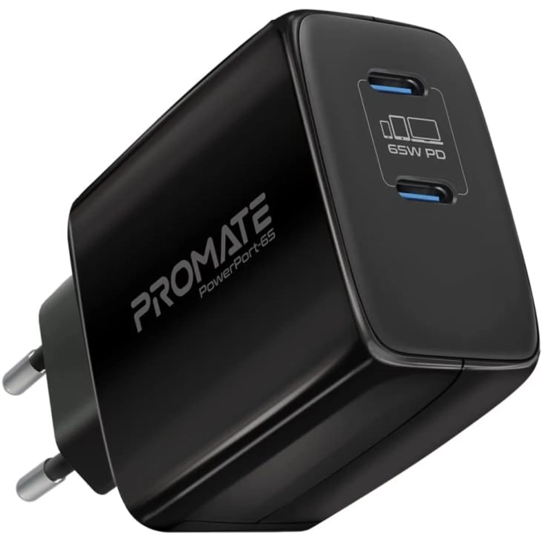 شاحن Promate PowerPort-65 65 وات USB-C عالمي قوي بتقنية GaN سريع مع منفذين من النوع C وشحن متكيف وحماية من الشحن الزائد