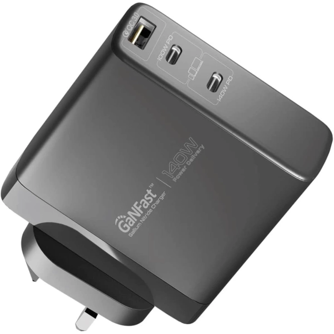 Promate GaNCharge-140W 140W USB-C GaN Charger with 140W Type-C Power Delivery 100W USB-C 3.0 Port 30W QC 3.0 USB Port - Black