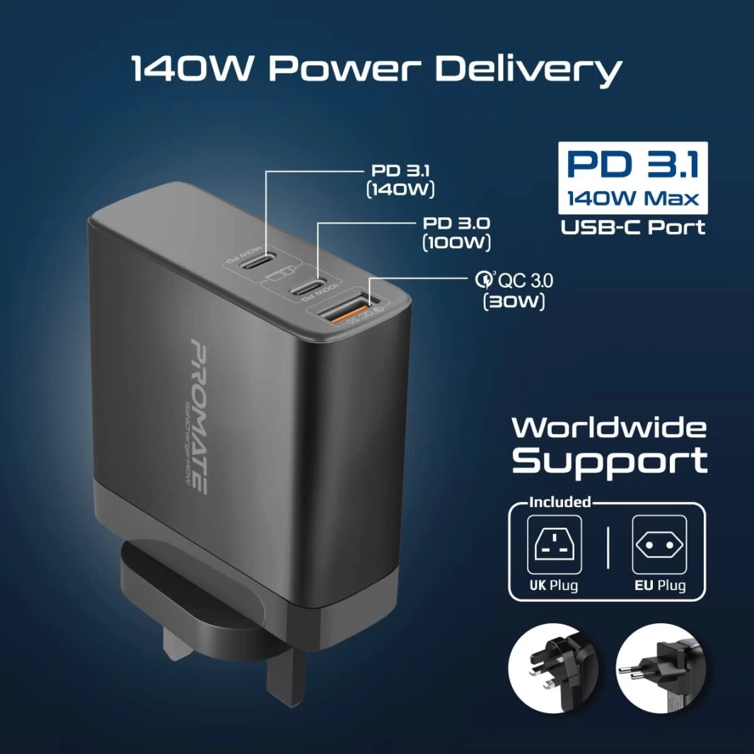 Promate GaNCharge-140W 140W USB-C GaN Charger with 140W Type-C Power Delivery 100W USB-C 3.0 Port 30W QC 3.0 USB Port - Black