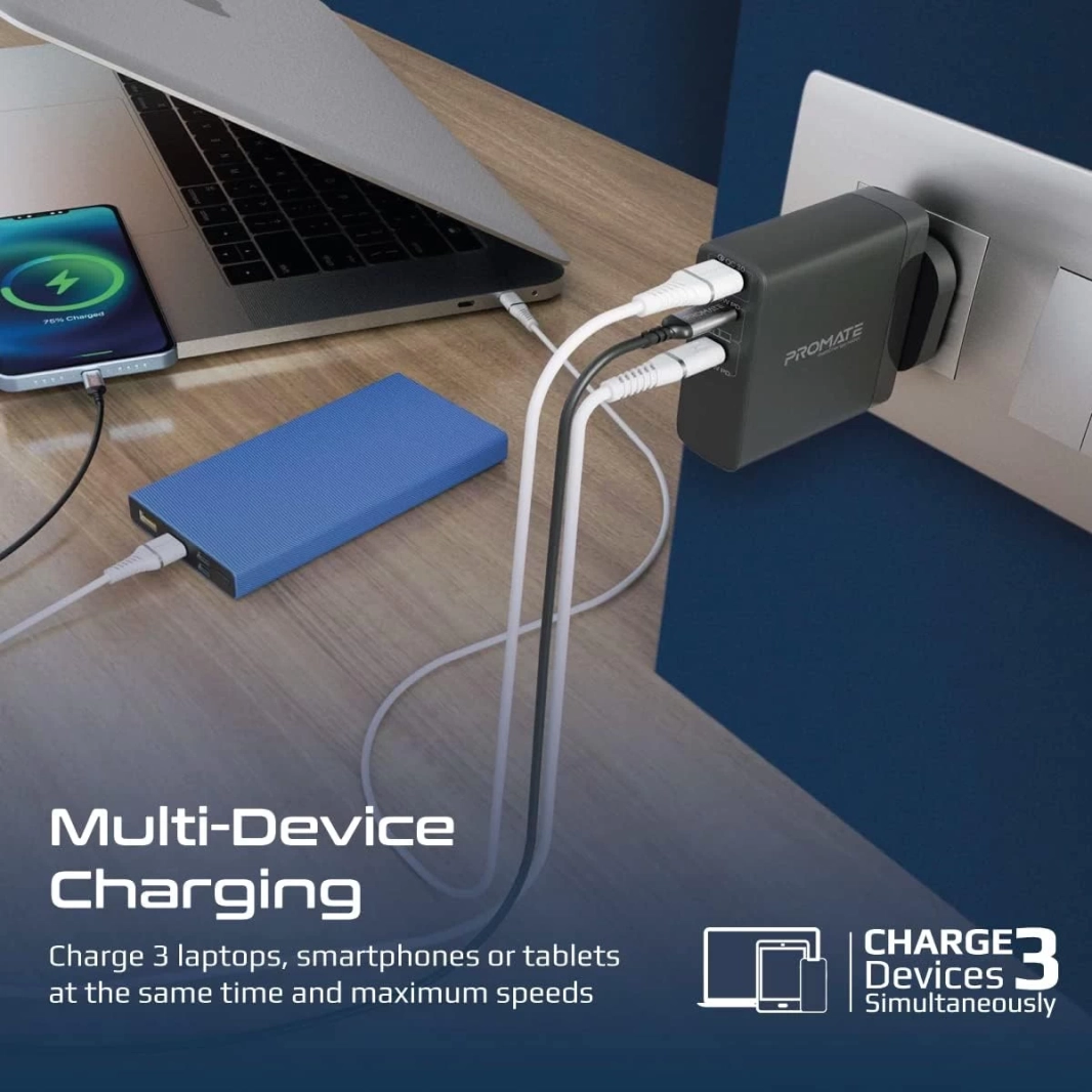 Promate GaNCharge-140W 140W USB-C GaN Charger with 140W Type-C Power Delivery 100W USB-C 3.0 Port 30W QC 3.0 USB Port - Black
