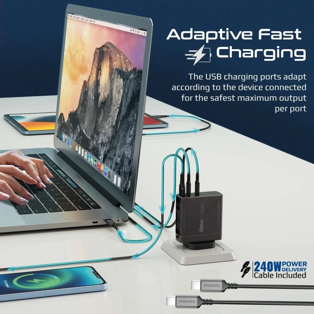 Promate GaNCharge-140W 140W USB-C GaN Charger with 140W Type-C Power Delivery 100W USB-C 3.0 Port 30W QC 3.0 USB Port - Black