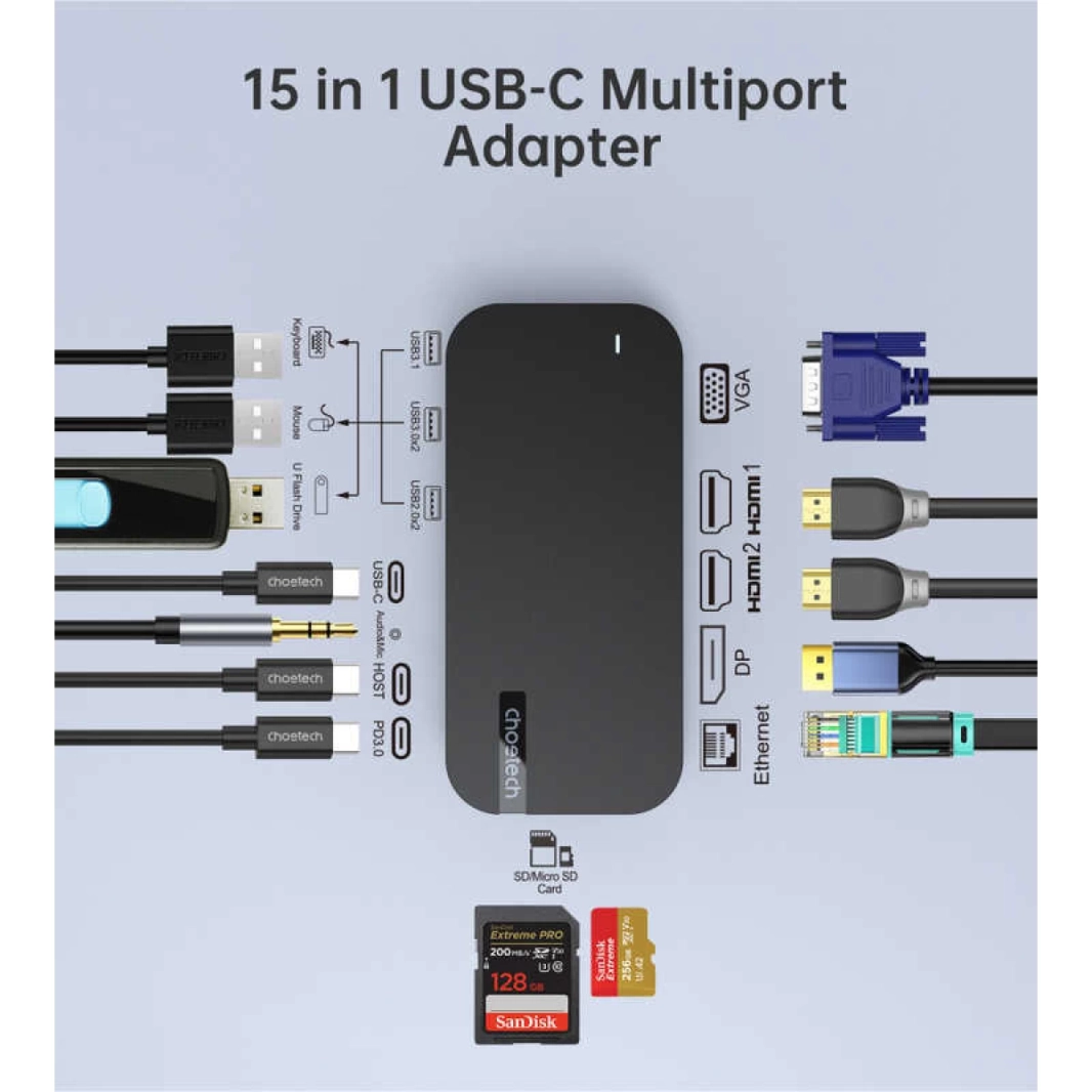 Choetech HUB-M52 15 في 1 محطة إرساء USB C للكمبيوتر المحمول والكمبيوتر المحمول والكمبيوتر اللوحي