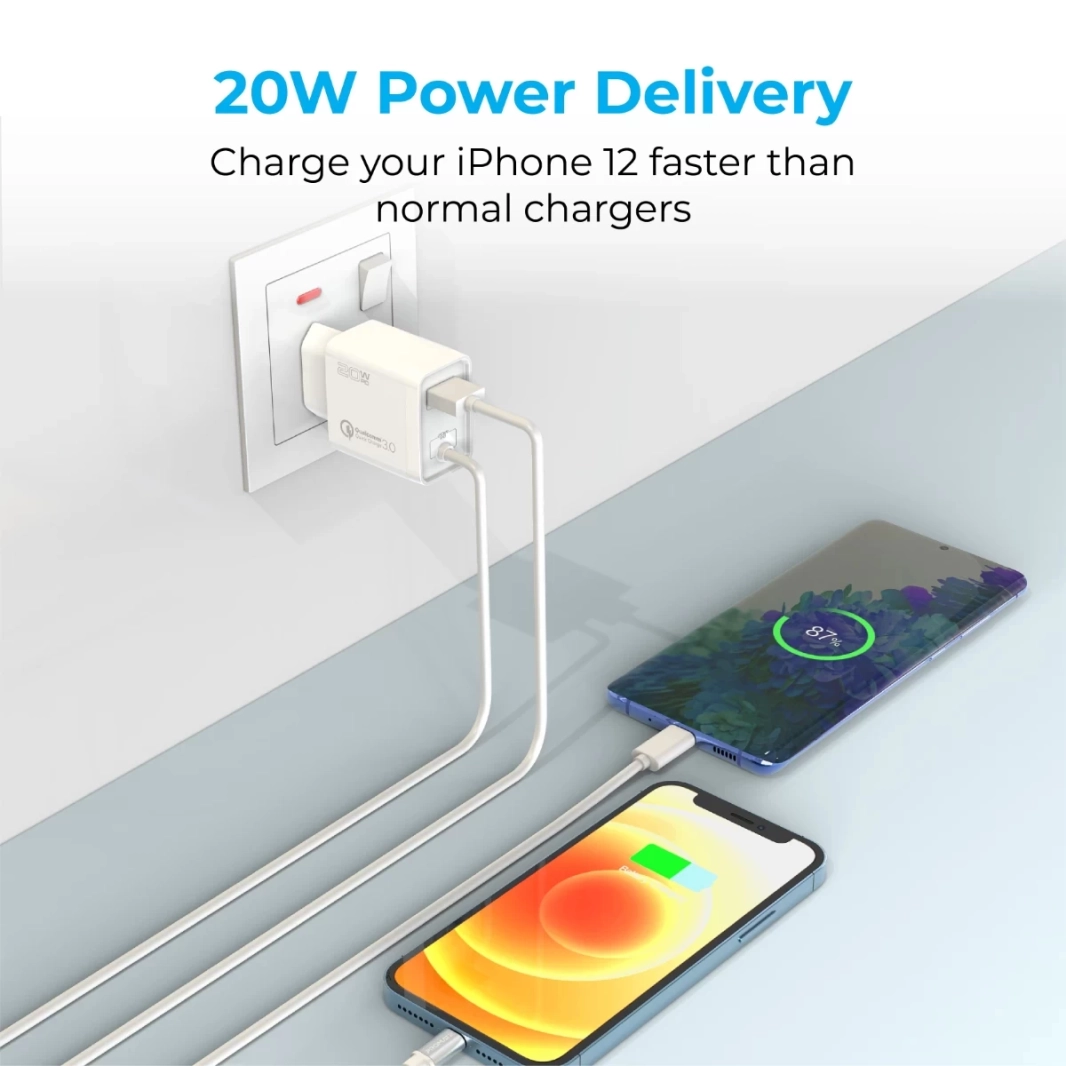Promate ICharge-PDQC3 iPhone Wall Fast Charging 20W Power 1.5m Lightning Cable w/ Quick Charge 3.0 Port EU Outlet  - White