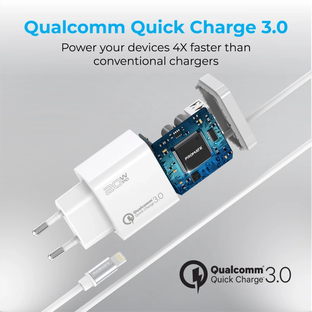 Promate ICharge-PDQC3 iPhone Wall Fast Charging 20W Power 1.5m Lightning Cable w/ Quick Charge 3.0 Port EU Outlet  - White