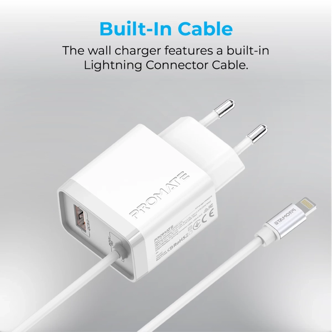Promate ICharge-PDQC3 iPhone Wall Fast Charging 20W Power 1.5m Lightning Cable w/ Quick Charge 3.0 Port EU Outlet  - White