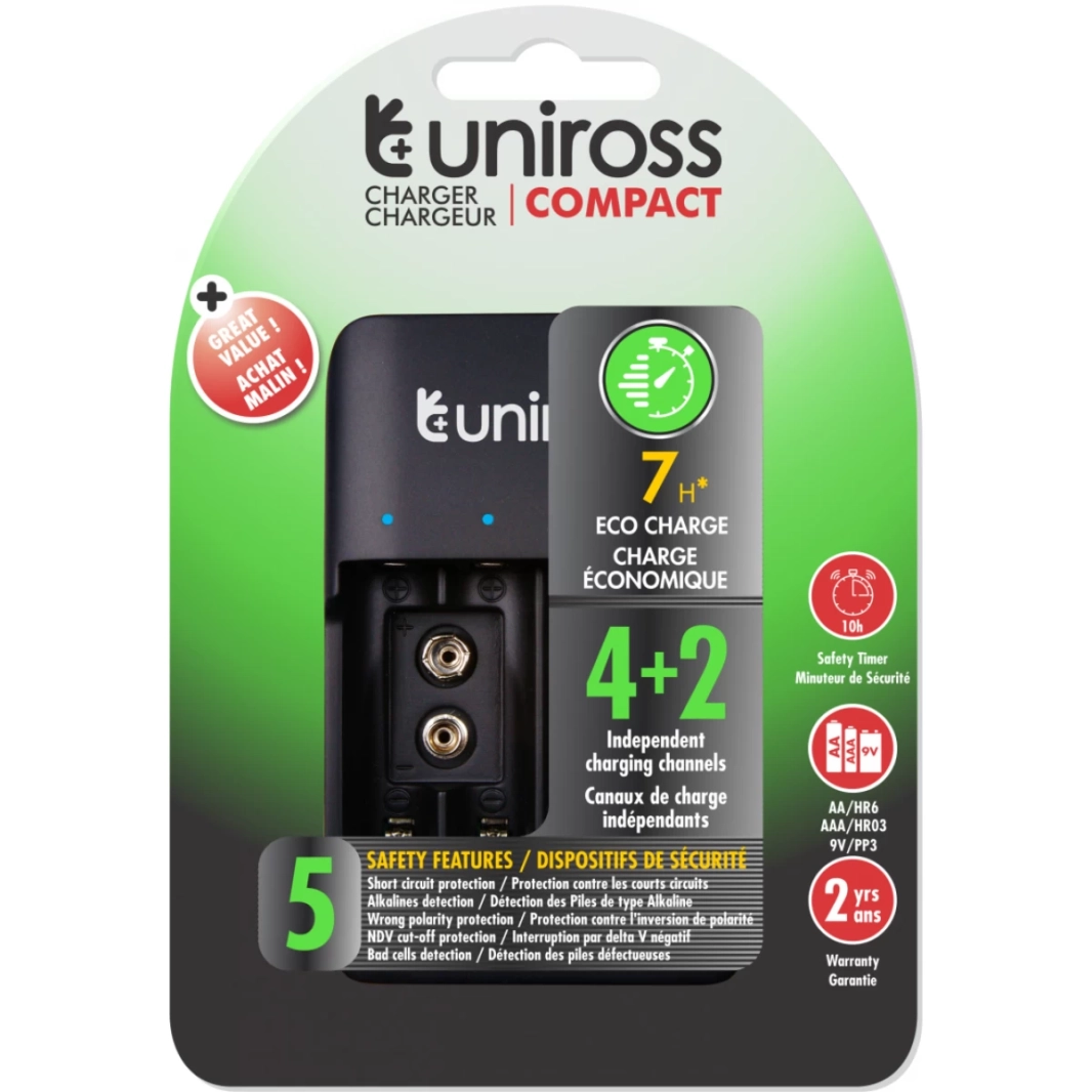 شاحن متعدد صغير الحجم من Uniross UCU004A مزود بـ 4 بطاريات AA 2100 وشحن USB