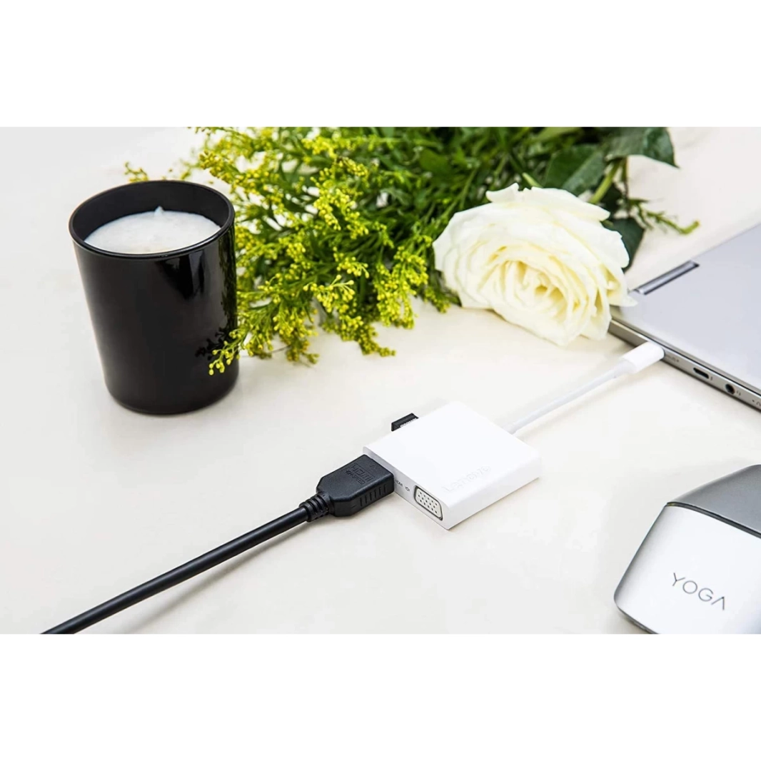 موزع سفر 3 في 1 USB-C من لينوفو بدقة 4K وHDMI وVGA وUSB 3.0، توصيل وتشغيل، أبيض