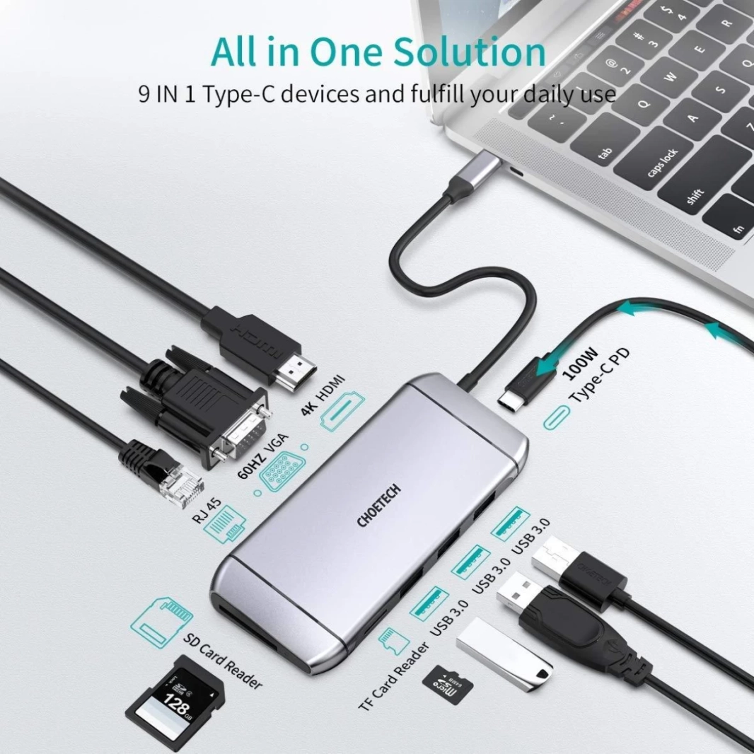 CHOETECH HUB-M15 9 in 1 USB-C 3.0 Docking Station Type C
