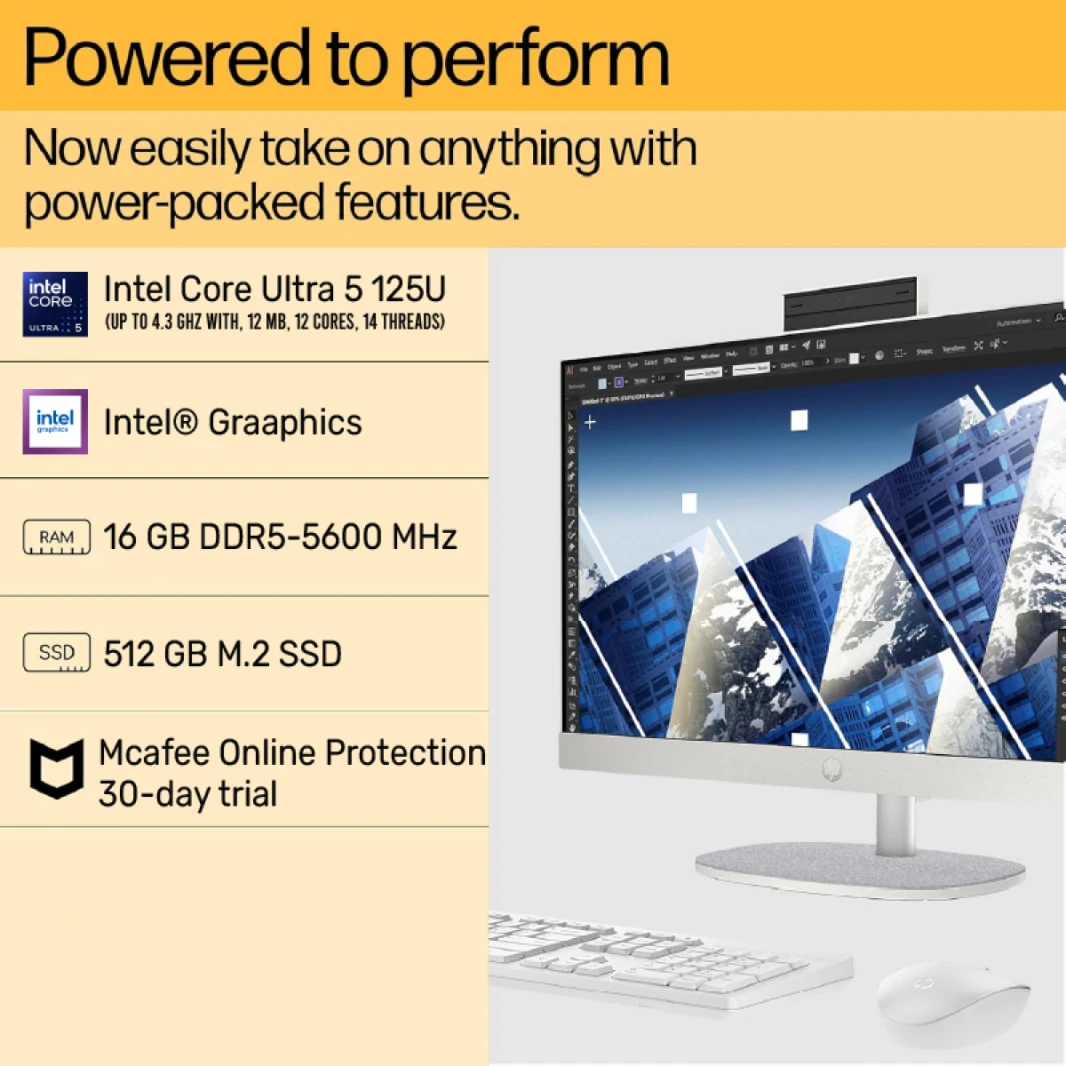 كمبيوتر HP All-in-One AIO 24-cr1006ne، معالج Intel Core™ Ultra 5 125U بتردد يصل إلى 4.3 جيجاهرتز، ذاكرة وصول عشوائي DDR5 بسرعة 5600 ميجاهرتز، سعة 16 جيجابايت، شاشة IPS غير تعمل باللمس FHD مقاس 23.8 بو