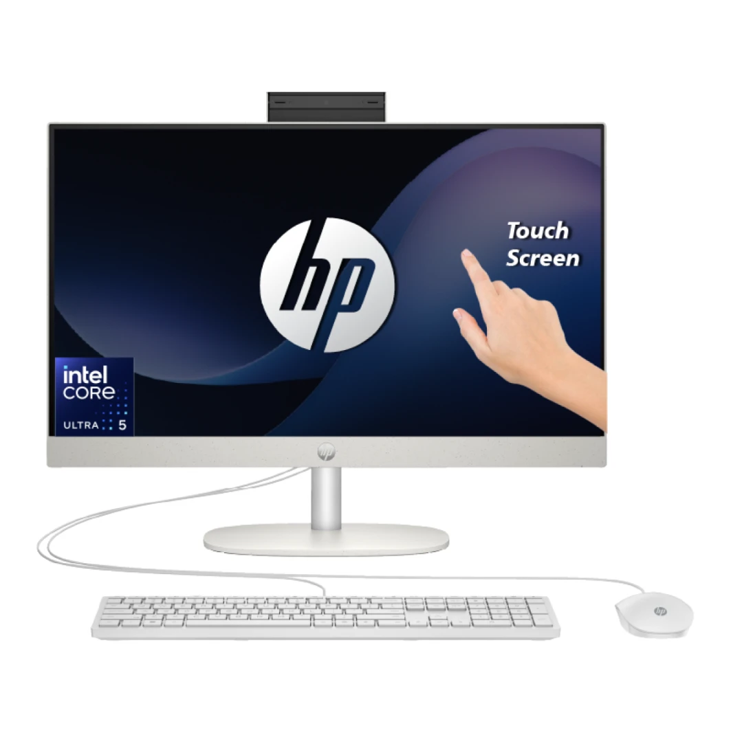 كمبيوتر HP All-in-One AIO 24-cr1005ne، معالج Intel Core™ Ultra 5 125U بتردد يصل إلى 4.3 جيجاهرتز، ذاكرة وصول عشوائي DDR5 بسرعة 5600 ميجاهرتز، سعة 16 جيجابايت، شاشة لمس FHD IPS مقاس 23.8 بوصة