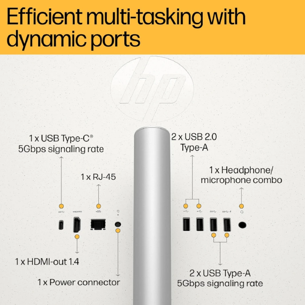 كمبيوتر HP All-in-One AIO 24-cr1005ne، معالج Intel Core™ Ultra 5 125U بتردد يصل إلى 4.3 جيجاهرتز، ذاكرة وصول عشوائي DDR5 بسرعة 5600 ميجاهرتز، سعة 16 جيجابايت، شاشة لمس FHD IPS مقاس 23.8 بوصة