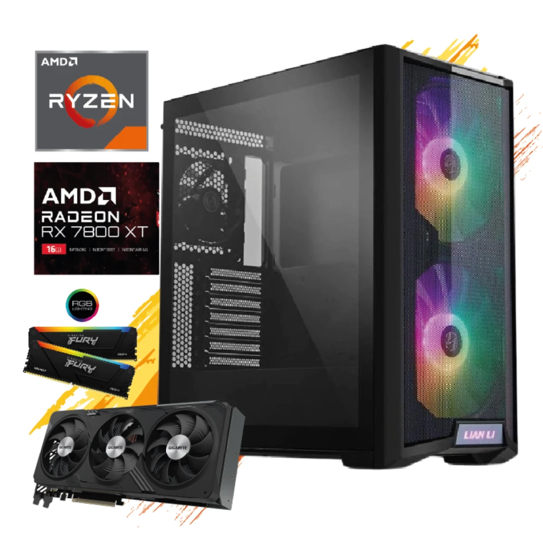 كمبيوتر مكتبي للألعاب GTS 35 | معالج ألعاب AMD Ryzen™ 7 7800X3D ثماني النواة، GIGABYTE RX7800 XT GAMING OC 16GB، 32 DDR5 6000Mhz Fury، Fury Renegade NVMe 7300MB/s SSD مع مبدد حراري - الجيل الرابع عشر
