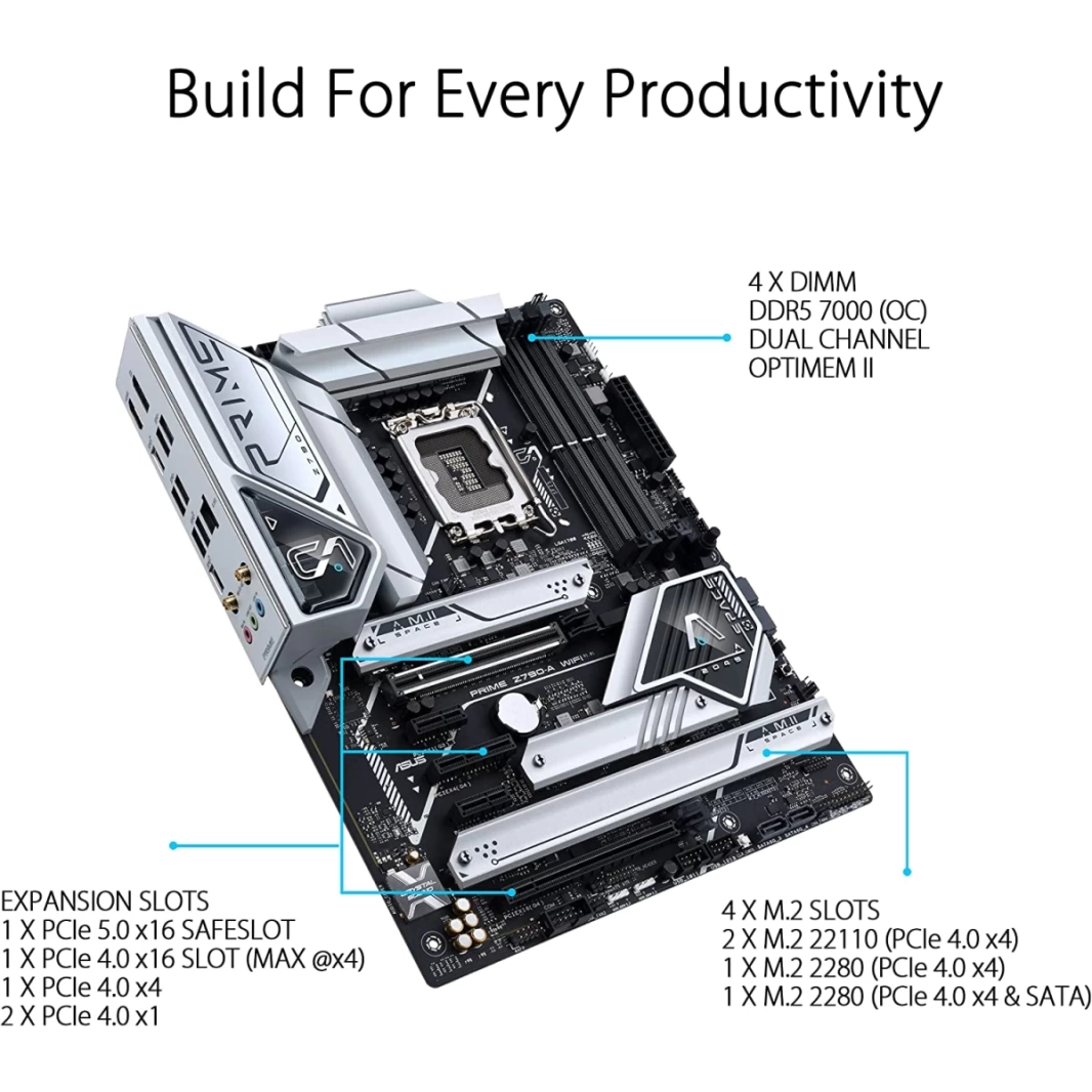 لوحة أم ASUS Prime Z790-A WiFi 6E DDR5 Intel من الجيل الثالث عشر والثاني عشر و4 منافذ M.2 Intel 2.5 Gb LAN وإضاءة Thunderbolt 4 Aura Sync RGB
