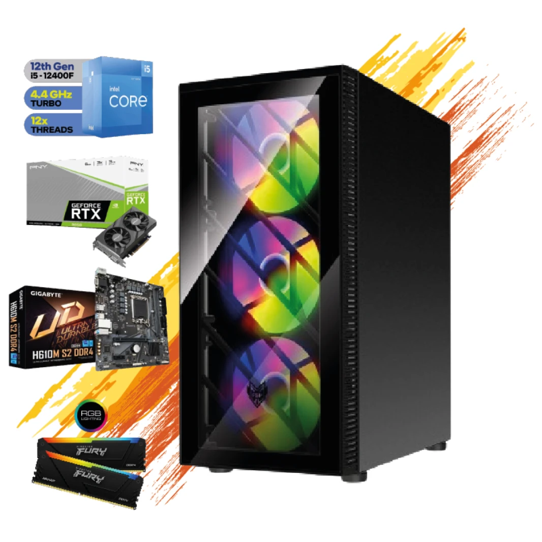 كمبيوتر مكتبي للألعاب GTS 20 | معالج I5-12400F سداسي النواة، بطاقة رسوميات PNY RTX3050 6GB DDR-6 Verto Dual Fan، 16 DDR4 3200Mhz Kingston Beast RGB، 1TB NV2 SSD - الجيل الثاني عشر